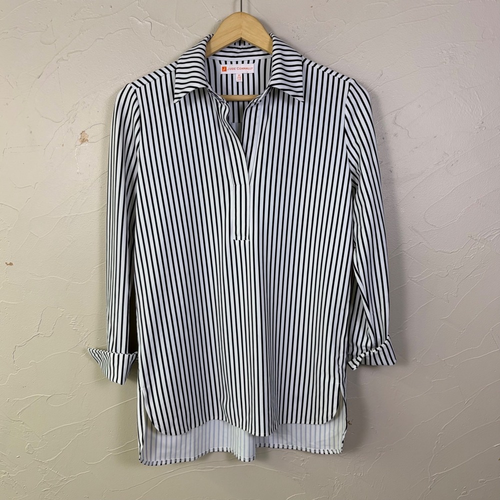 Jude Connally Tunic Blouse Women XS Black Striped Long Sleeve Preppy Jude Cloth